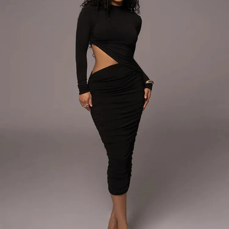 Solid Casual Sexy Women's Dresses Fashion Hollow O-Neck Long Sleeve Streetwear Slim Skinny Bodycon Vestidos Robes Female