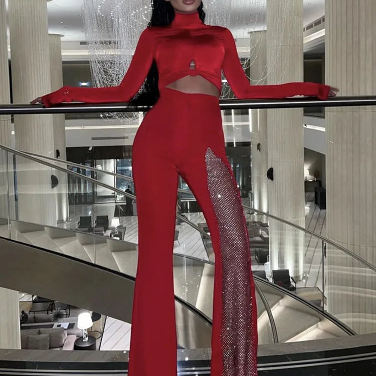 Women Summer Fashion Sexy Black Red White Crystal Dianonds Flare Bandage Pants 2022 Designer Knitted Bodycon Trouser Pants