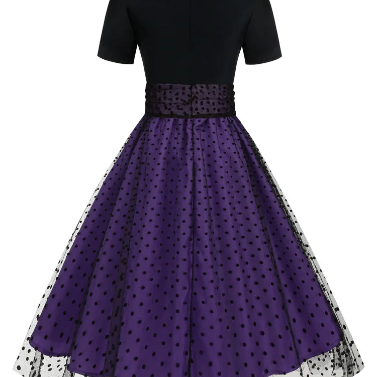 Tonval Round Neck Ruched High Waist Vintage Dot Mesh Overlay Pleated Dress Women Short Sleeve Evening Elegant Party Midi Dresses