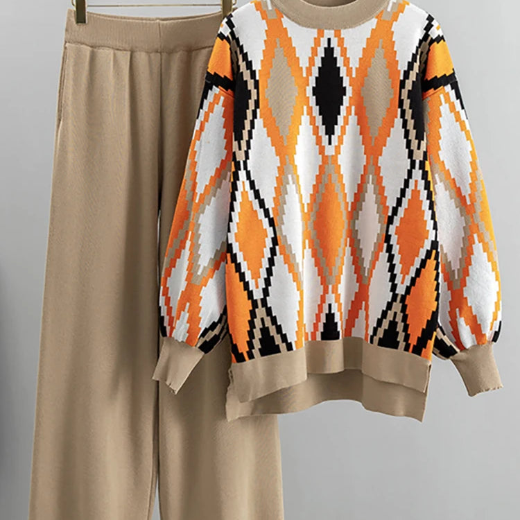 Printing Thick Warm O-neck Argyle Pullover Sweater Wide Leg Pants Autumn Winter Two Piece Set Womens Streetwear Loose Pants Sets