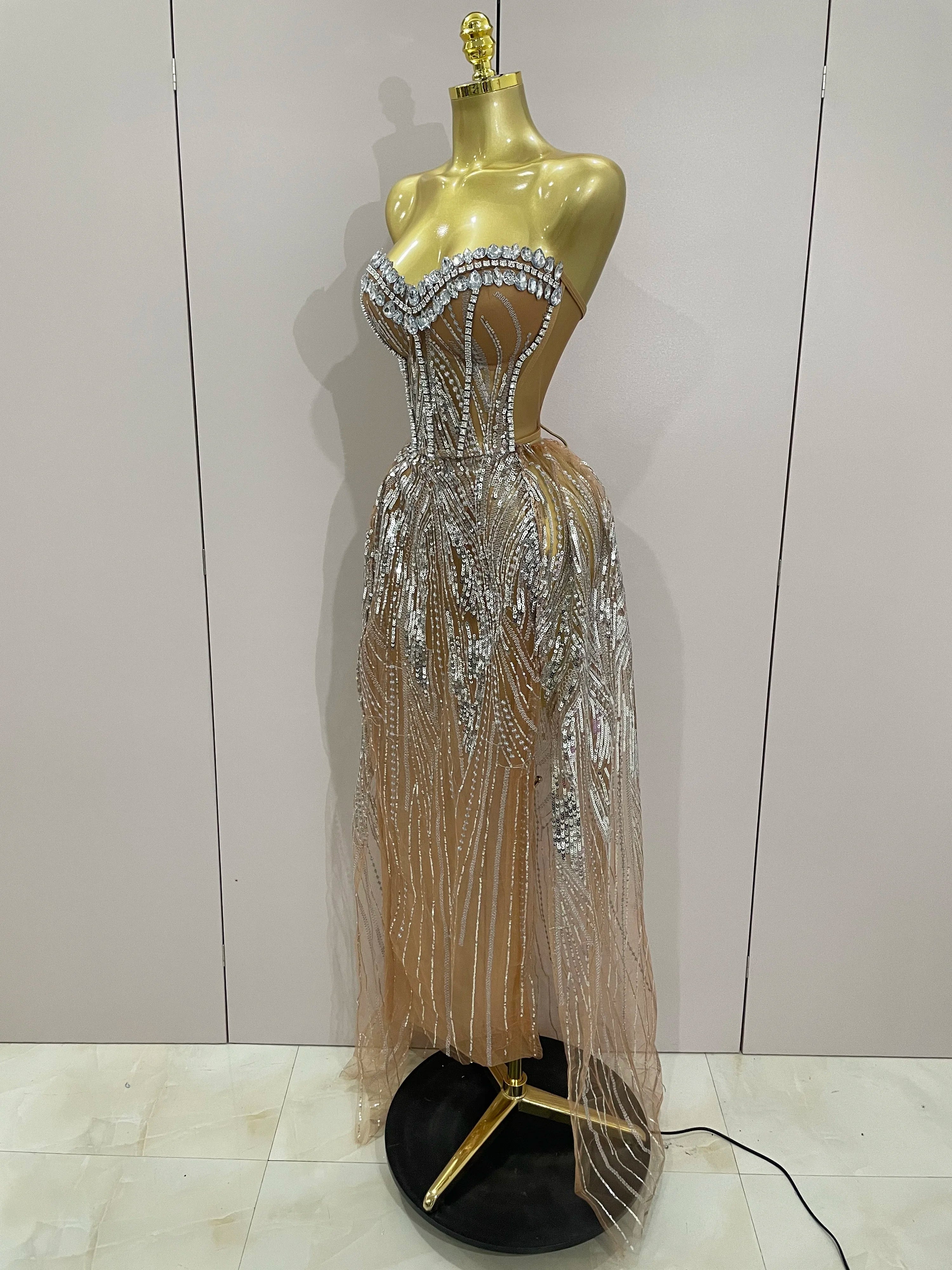 2025 Sparkly Rhinestone Sequins Sexy Strapless See-Through Long Dress Women Evening Birthday Party Dress Nightclub Stage Costume