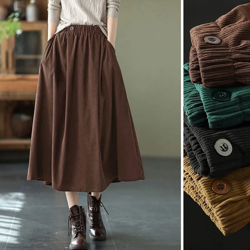 Retro Corduroy Skirts Long for Women Autumn Winter Fashion Korean Streetwear Harajuku Midi Japanese Style Skirt Elegant Woman