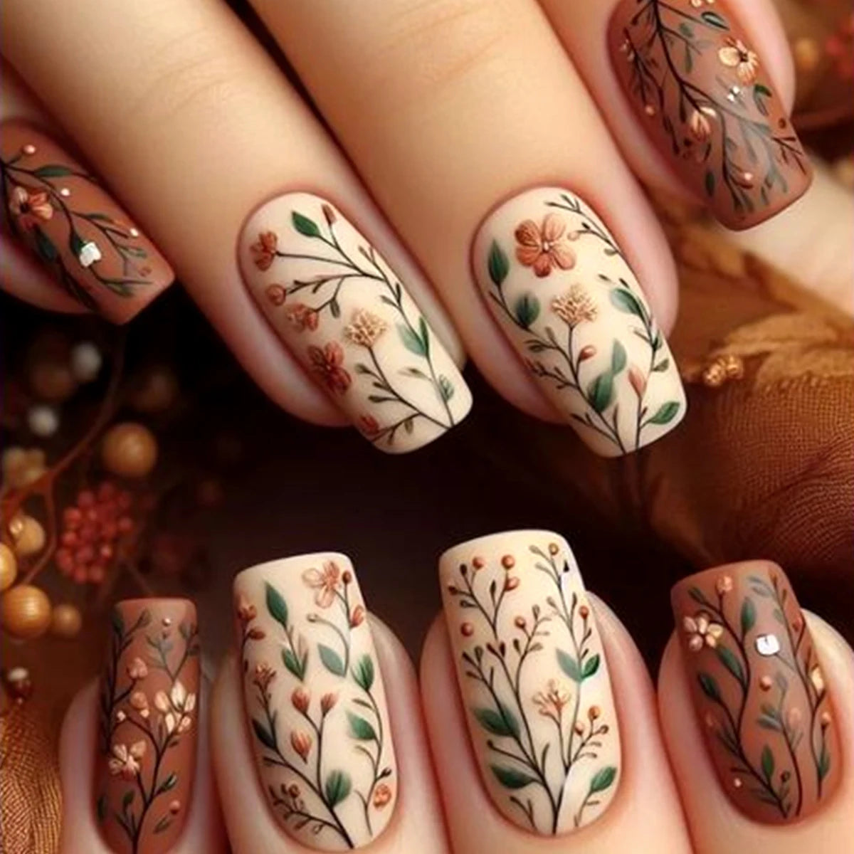 24Pcs Short Square Head Fake Nails Leaf False Nails with Flowers Simple French Tips Wearable Summer Full Cover Press on Nails