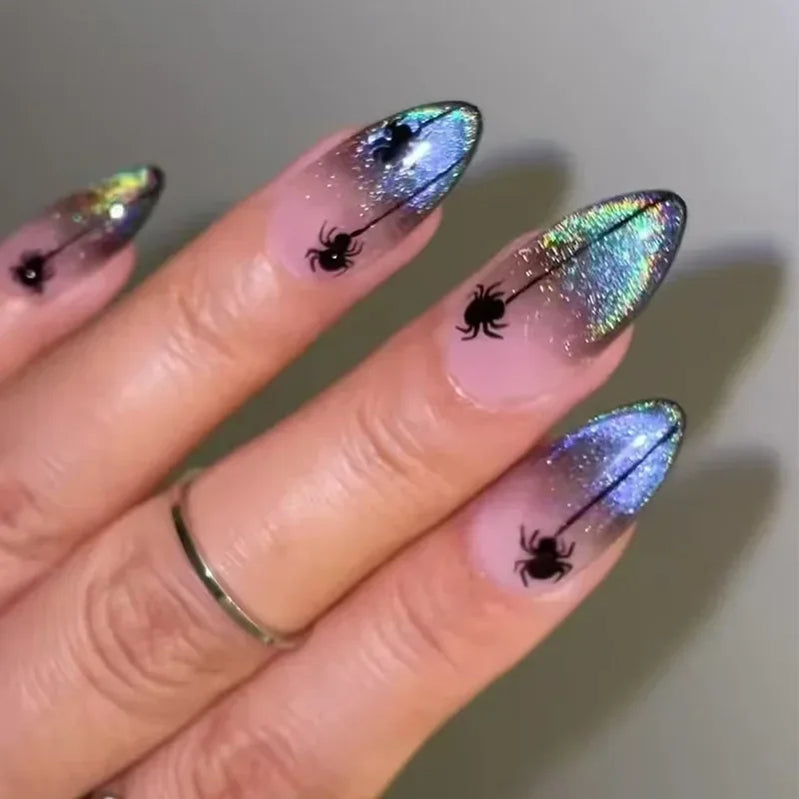 24 peças de unhas postiças artesanais de amêndoa para Halloween, cobertura total, páscoa, morcego, aranha, unhas postiças legais Y2K, manicure usável, pontas de unhas artísticas