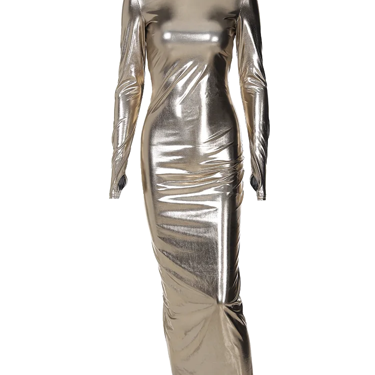 Shinny Solid Pure Color Backless Long Sleeves Ruched Maxi Dress Half Turtleneck 2023 Autumn Winter Women Sexy Clubwear