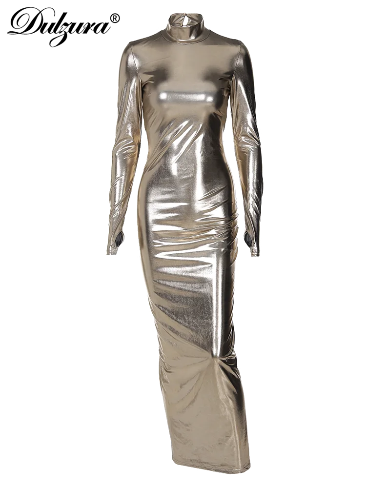 Shinny Solid Pure Color Backless Long Sleeves Ruched Maxi Dress Half Turtleneck 2023 Autumn Winter Women Sexy Clubwear