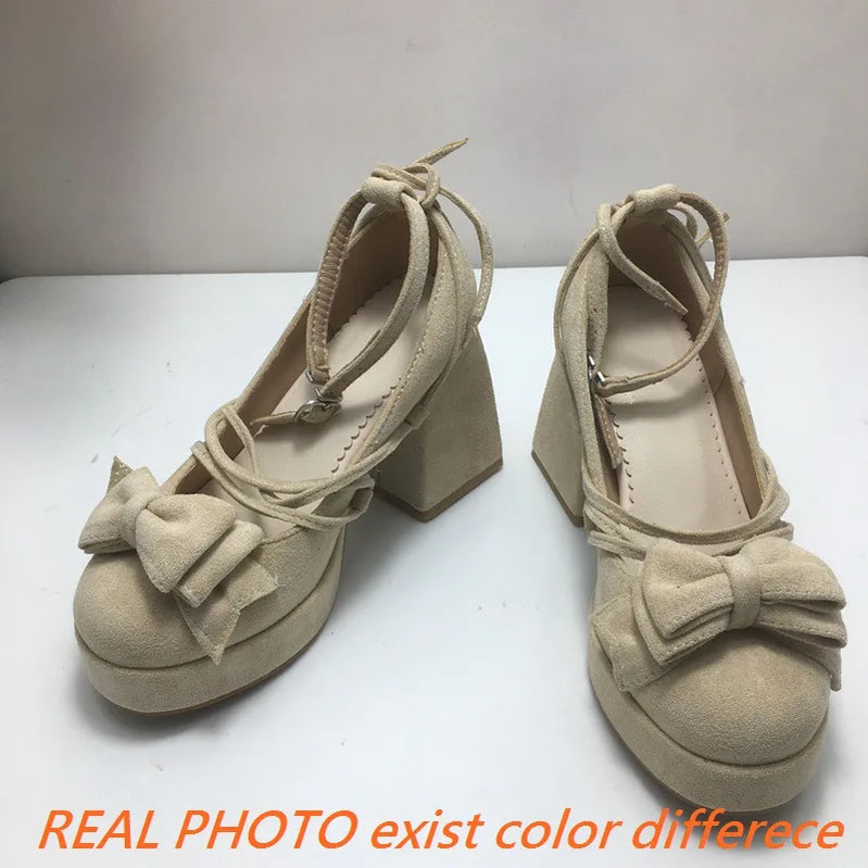 SIMLOVEYO Lolita Women Pumps 32 33 Round Toe Chunky High Heels 9cm Platform Bowknot Ankle Strap Big Size 44 45 Sweet Shoes