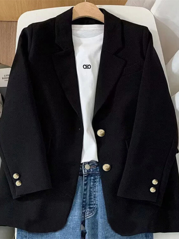 Spring Blazer Women Casual Loose Coat Long Sleeved Top Elegant Jackets Outwear for Office Lady Women Official Clothing Black