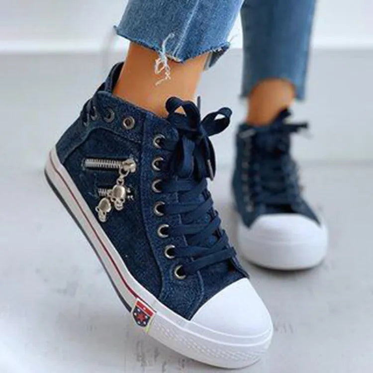 Spring/Autumn Casual Shoes Trainers Walking Skateboard Lace-up Femmes Women Retro Fashion Sneakers Denim High Gang Canvas Shoes Blue