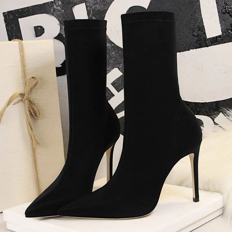 Women 7.5cm 10cm High Heels Silk Sock Boots Green Low Heels Short Ankle Boots Lady Stripper Winter Pointed Toe Satin Sexy Shoes Black-10cm