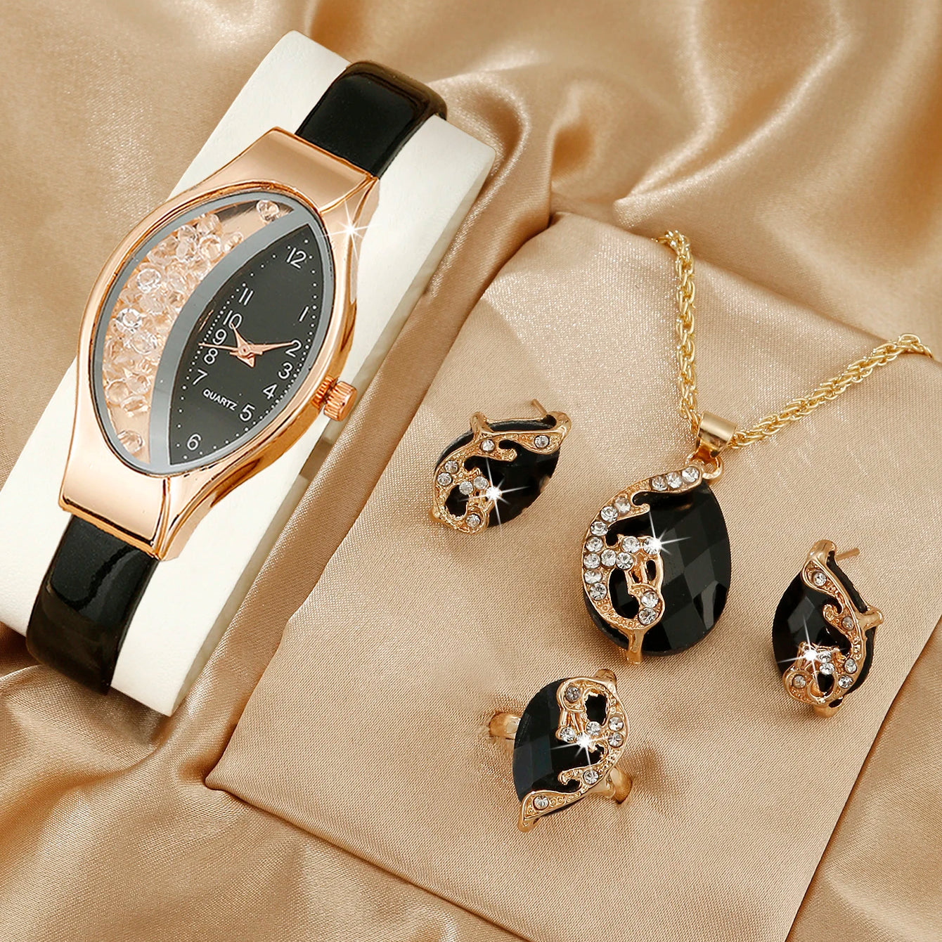 5pcs Set Watches Women Leather Band Ladies Watch Simple Casual Womens Analog WristWatch Bracelet Gift Montre Femme black