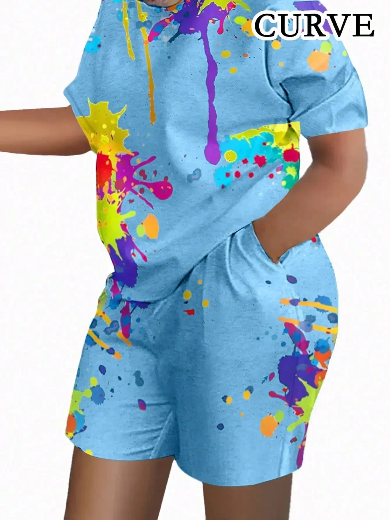 Plus Size 1XL-5XL New Women Fashion Colorful Tie Dye Print Two-piece Sets T-Shirt & Shorts Casual Round Neck Short Sleeve Suit