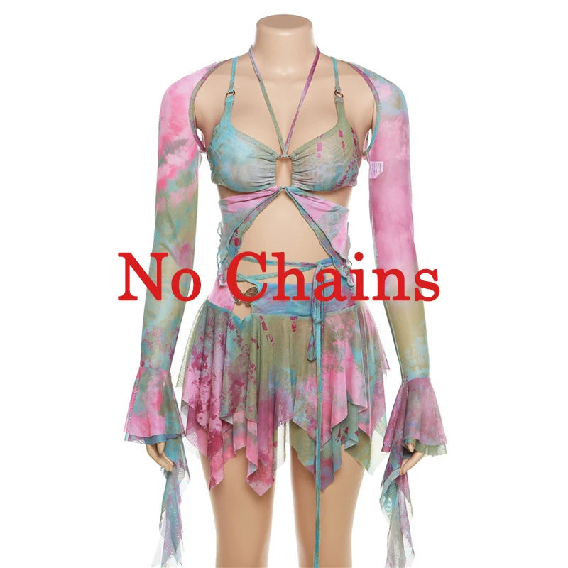 Zenaide Fall Mesh Butterfly Women 3 Piece Set Bandage Cami+Irregular Skirt+Fairy Festival Crop Top Tie Dye Rave Party Outfit Y2K Green Set