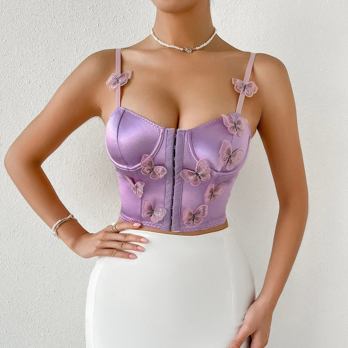 Women Summer Skinny Camisole Sexy Sleeveless Backless Bustier Chic Tops Female 3D Butterfly Decor Crop Tops Corset Tops ZDX