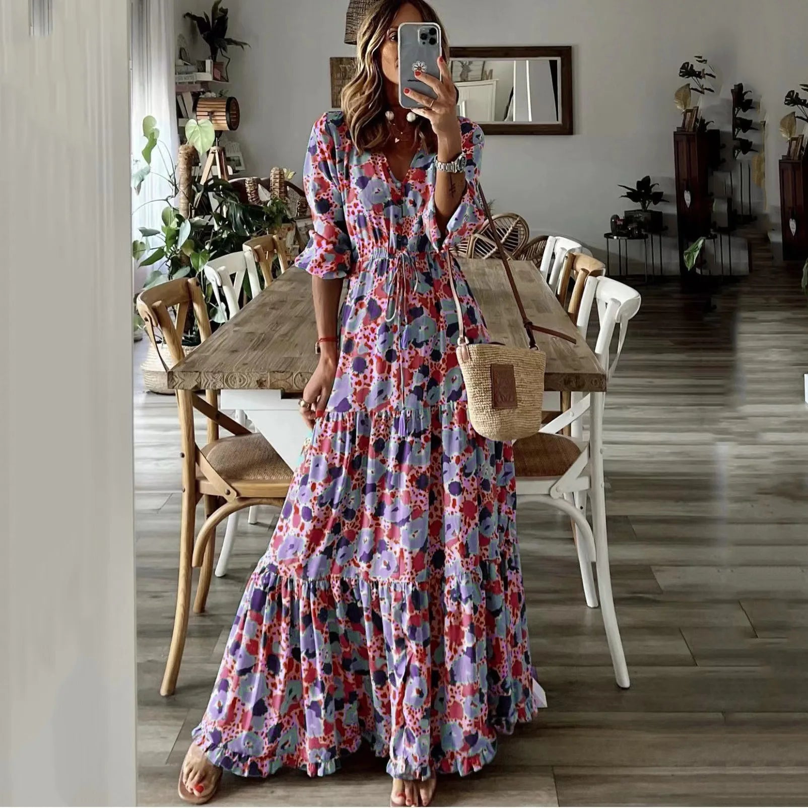 Spring Autumn Flower Print Long Dresses For Women Casual Holiday A-line Beach Dress Fashion Elegant Bohemian Style Maxi Vestidos lilac