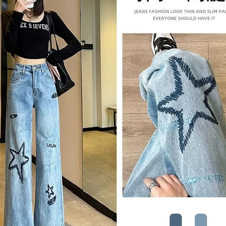 Y2K European and American women's light colored embroidered wide leg high waist straight leg loose mop jeans