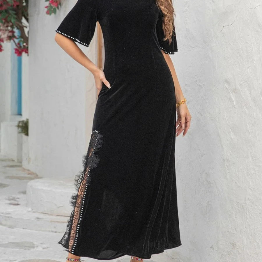 TWOTWINSTYLE Slimming Split Spliced Bead Elegant Dresses for Women Round Neck Half Sleeves Patchwork Lace Dress Female Clothing