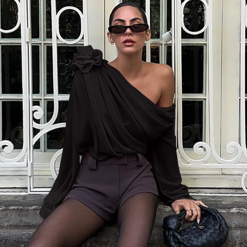 Cryptographic Skew Collar Floral Applique Mesh Chiffon Tops for Women Elegant Fashion Club Cropped Tops See Through Pullover New black