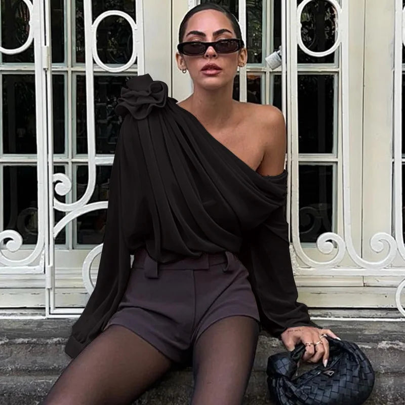 Cryptographic Skew Collar Floral Applique Mesh Chiffon Tops for Women Elegant Fashion Club Cropped Tops See Through Pullover New black