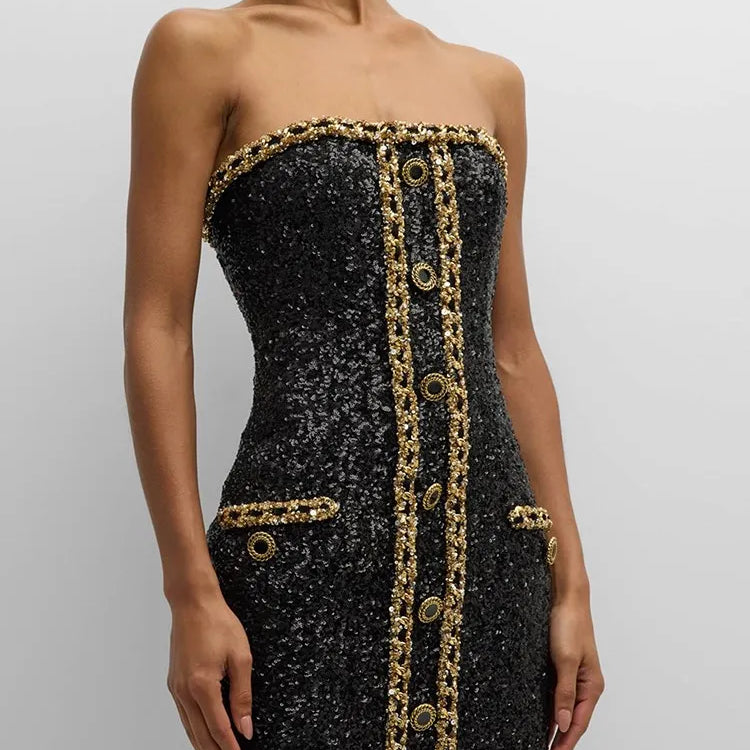 TWOTWINSTYLE Hit Color Sexy Dresses For Women Strapless Sleeveless High Waist Slimming Patchwork Button Dress Female Fashion New