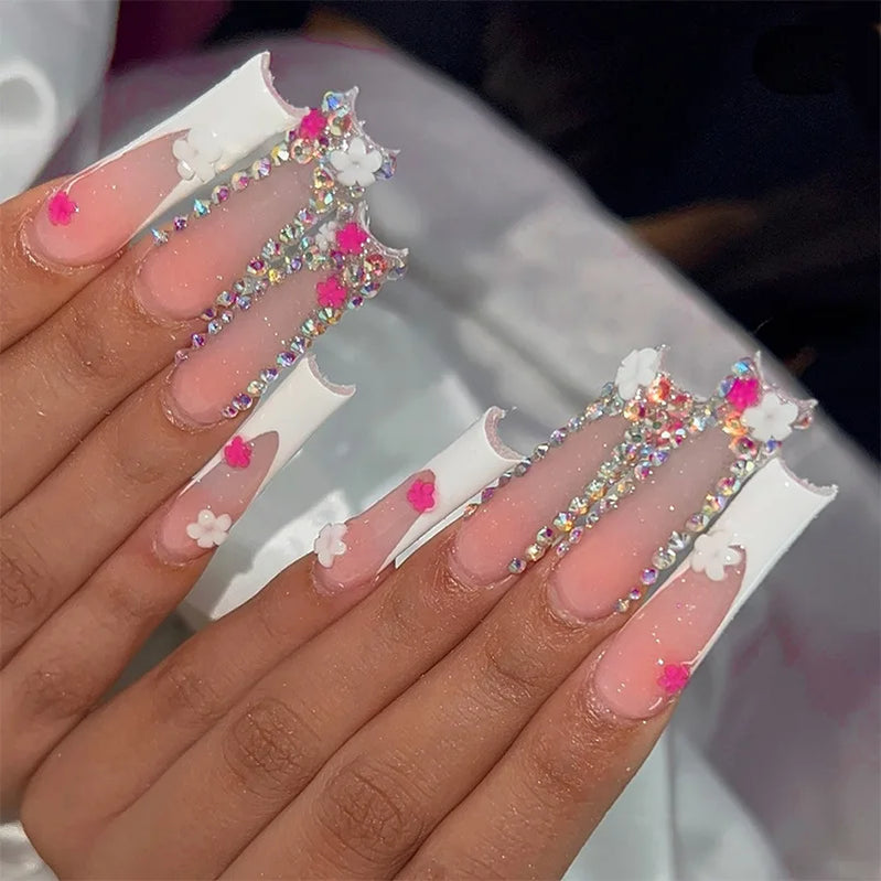 24Pcs Pink Press on Fake Nails Long Coffin with Love Broken Diamond Pearl Bowtie Design French Fake Nails Full Cover Nail Tips