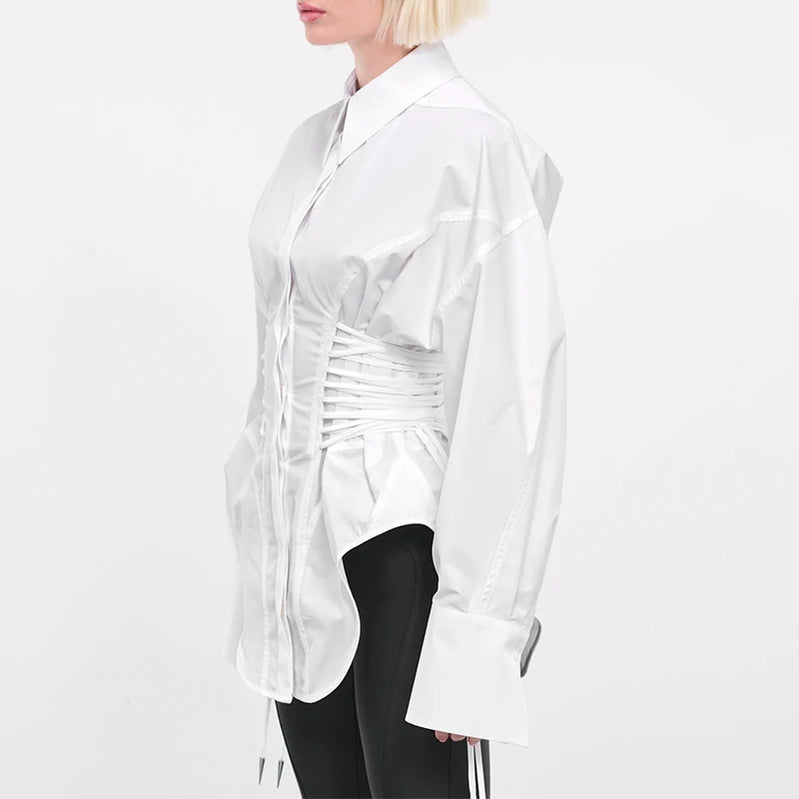 TWOTWINSTYLE Solid Spliced Lace Up T Shirts for Women Lapel Long Sleeve Patchwork Single Breasted Fashion Top Female Clothing