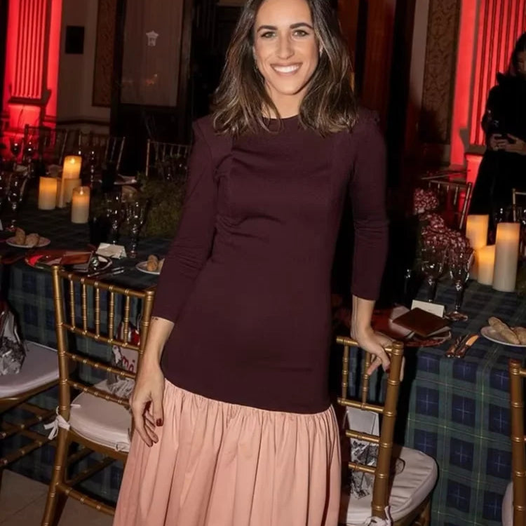 Vintage Women Ruffle Edge Splicing Full Sleeve Dress Fashion Round Neck A-line Maxi Dresses 2025 Lady Spring Highstreet Robe