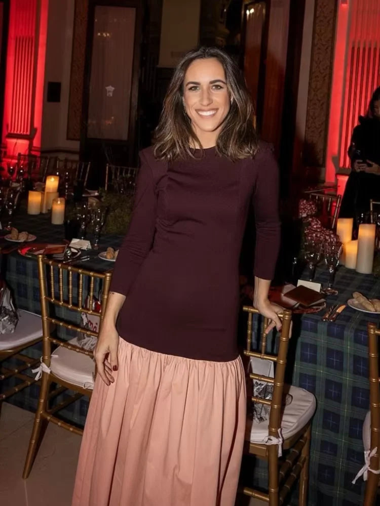 Vintage Women Ruffle Edge Splicing Full Sleeve Dress Fashion Round Neck A-line Maxi Dresses 2025 Lady Spring Highstreet Robe