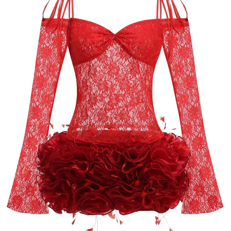 Summer Women Sexy Lace Off the Shoulder Full Florlas Bodycon Mini Dress Nightclub Party Celebrate Bar Singer Wear