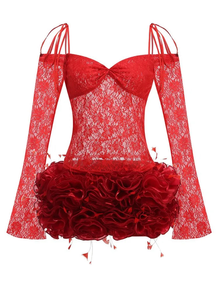 Summer Women Sexy Lace Off the Shoulder Full Florlas Bodycon Mini Dress Nightclub Party Celebrate Bar Singer Wear