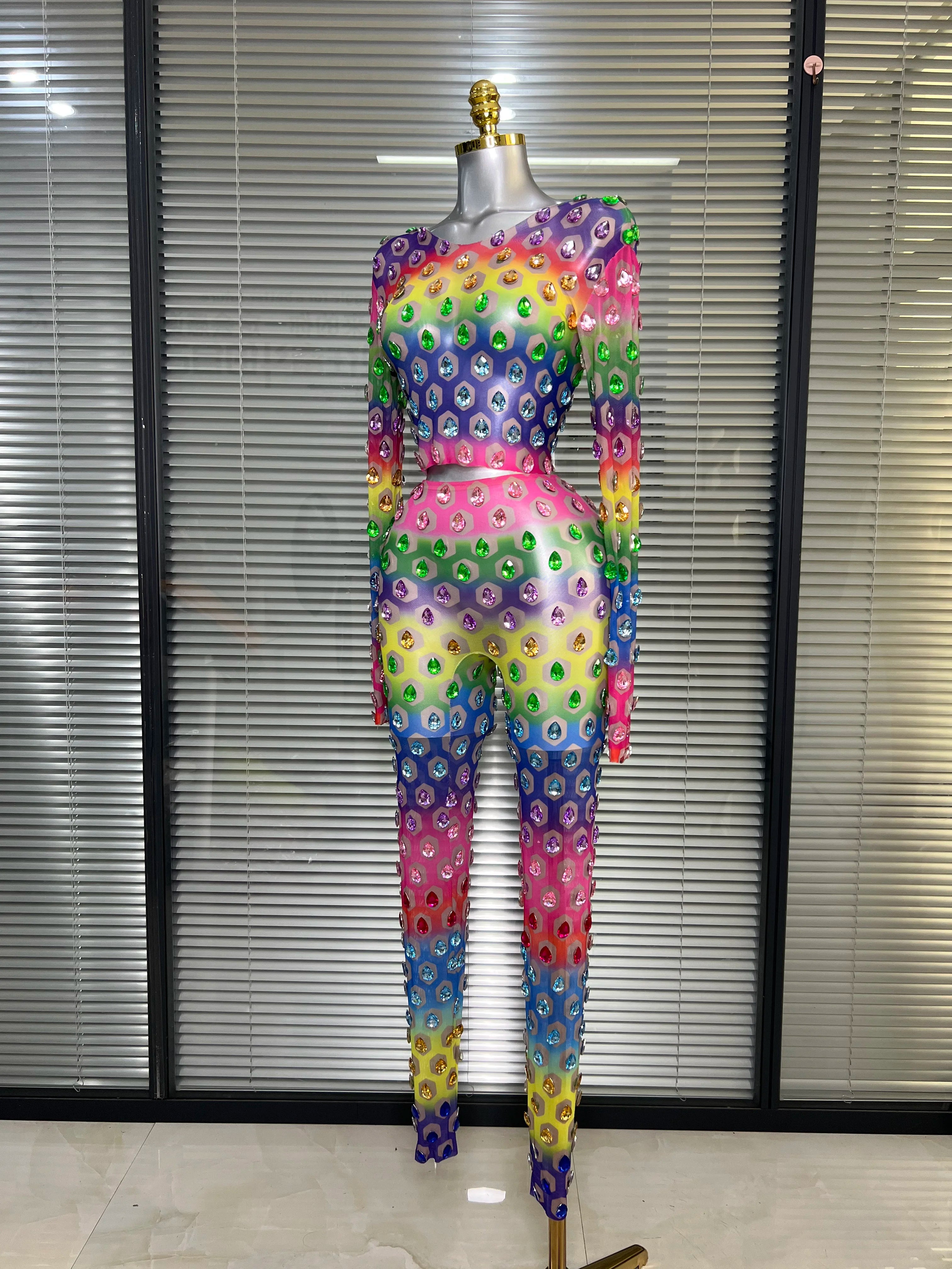 Women Sexy Two Pieces Set Crystal Diamond Night Club See Through Stretched Pants Suits Singer Dancer Stage Performance Costume