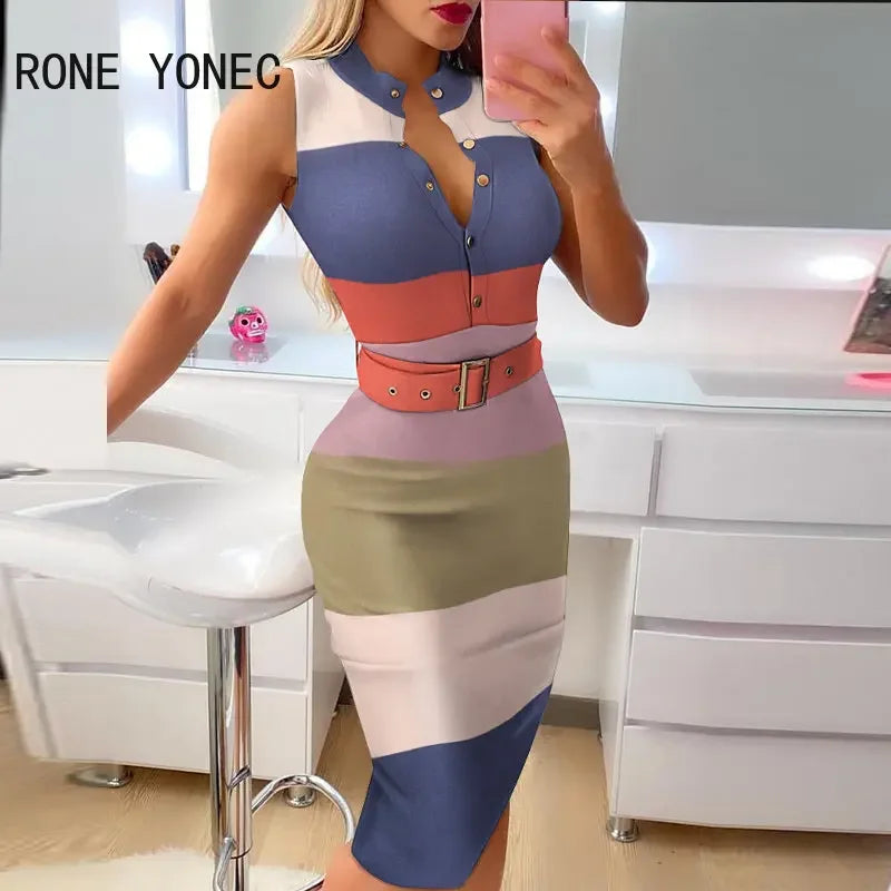Women Chic Striped Button Decor with Belts Basic Sleeveless Midi Knitting Dresses MULTI