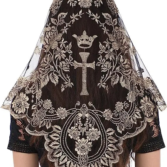 Women Head Covering Bridal Wedding Veil Lace Mantilla Cross Embroidery Church Catholic Veil dark beige on black