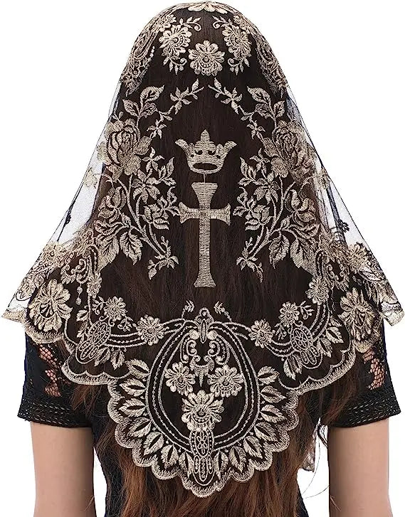 Women Head Covering Bridal Wedding Veil Lace Mantilla Cross Embroidery Church Catholic Veil dark beige on black