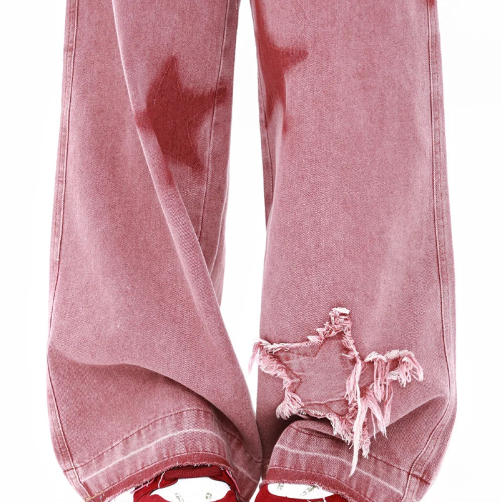 Embroidery Star Jeans for Women Autumn New In Corset High Waist Jeans Pants for Women Straight Pink Winter Wide Pants Women Y2K