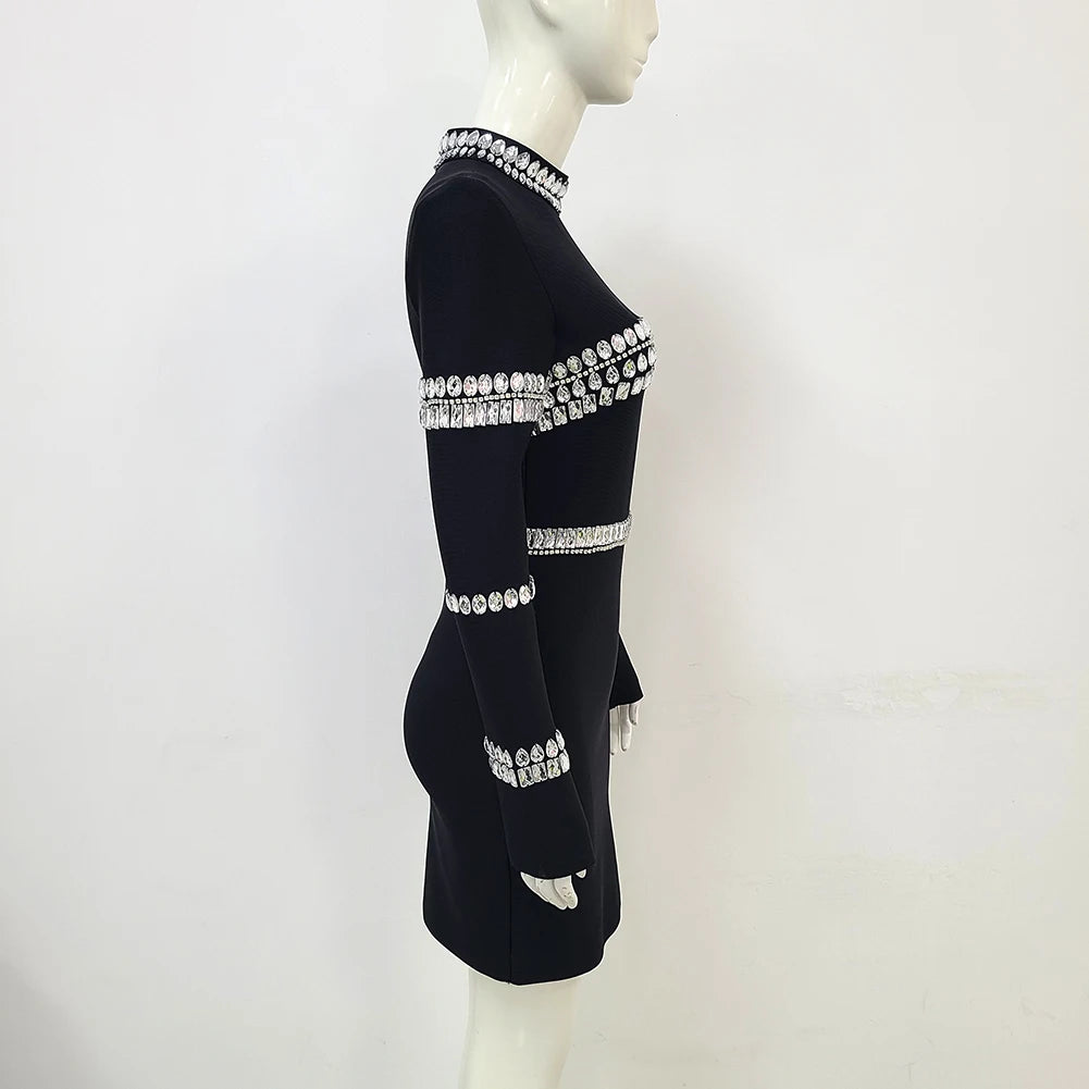 STOCK New Winter High Quality Sparkling Diamonds Half High Collar Black Mini Bandage Dress Fashion Woman Evening Party Outfit