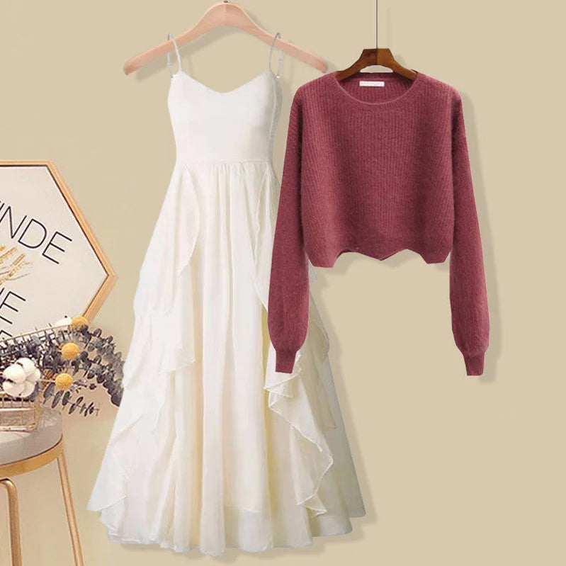 Women Spring Two Pieces Sets Korean Long Sleeve Knitted Sweater Cardigan And Ruffles Patchwork Mesh Long Dress Suit picture 3