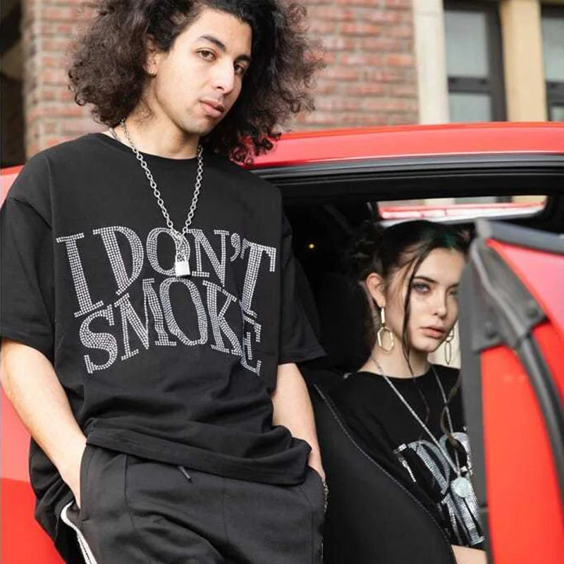 Rhinestone printing T-shirt couple men and women all-match three-dimensional logo printing short-sleeved street tide