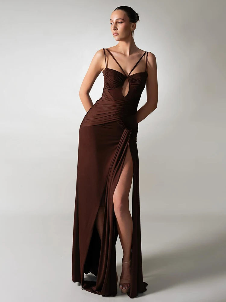 VC Chocolate Brown Strappy Sleeveless Draped Dress with High Slit & Cutout Detail for Formal Dinner Party Gown