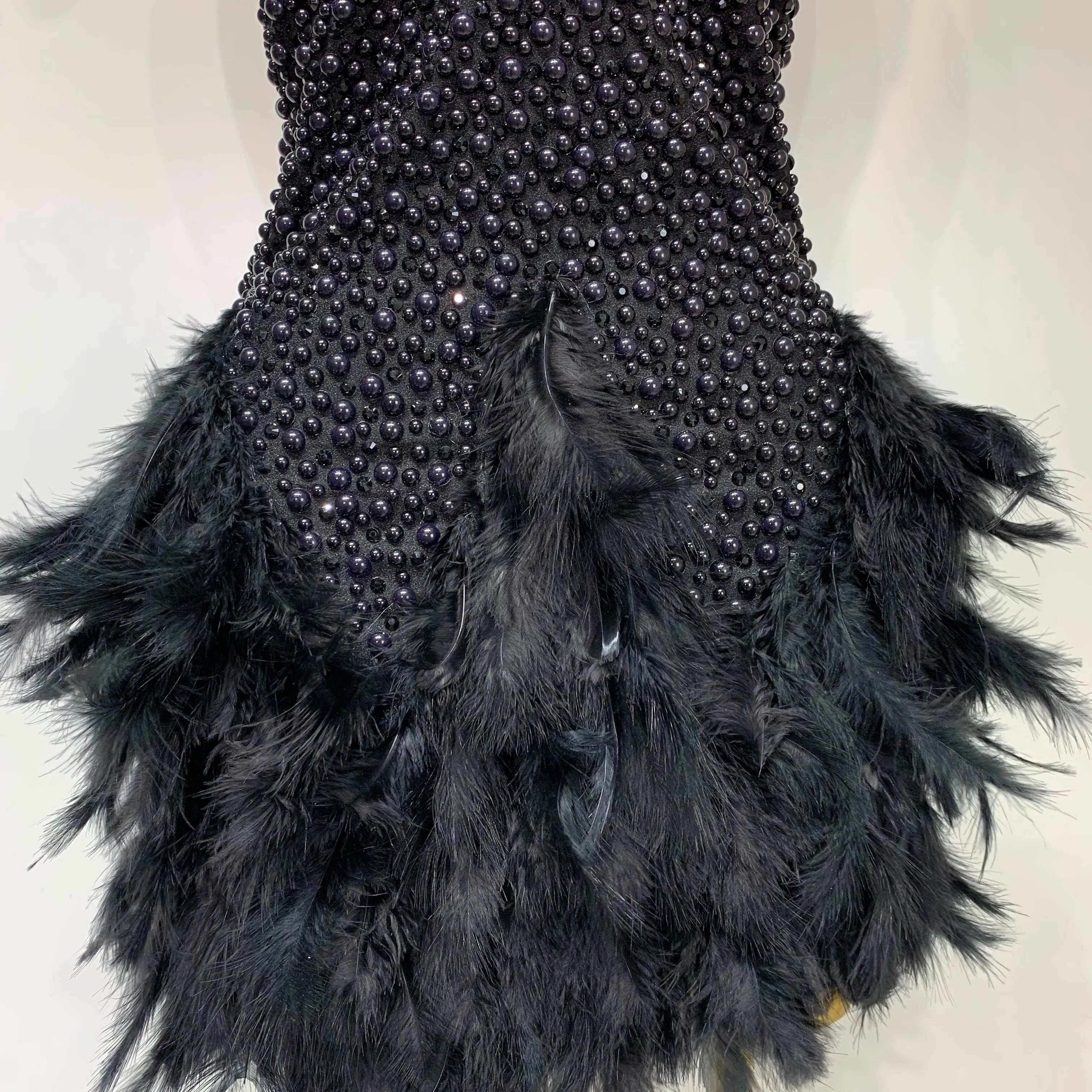 Sexy Backless Feathers Performance Costume Stage Dancer Black Mini Stretchy Nightclub Luxury Birthday Evening Party Dresses