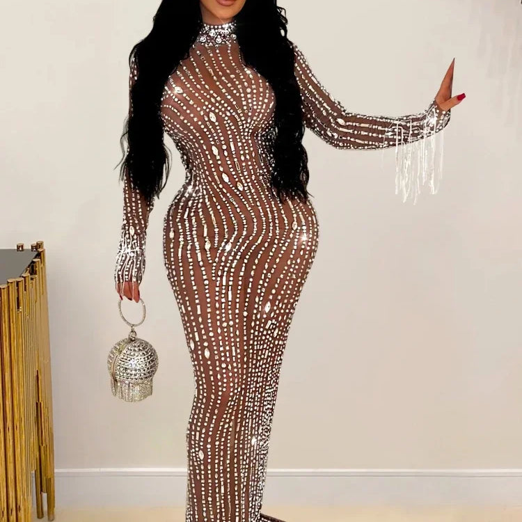 CM.YAYA 2024 Women Long Sleeve Mesh See Through Diamonds Hot Rhinestones Bodycon Dress Woman Maxi Long Evening Birthday Dresses