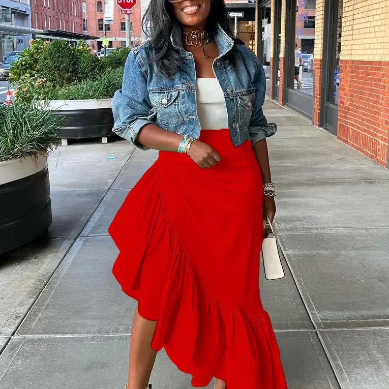 CM.YAYA Women Ruffles Hem Asymmetrical High Waist Maxi Long Skirt 2022 Autumn Winter Streetwear INS Fashion Skirts