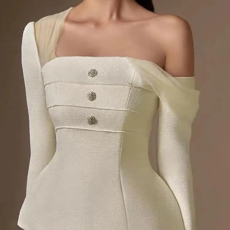 TWOTWINSTYLE Solid Two Piece Set For Women Diagonal Collar Long Sleeve Tunic Top High Waist Pleated Skirt Elegant Sets Female