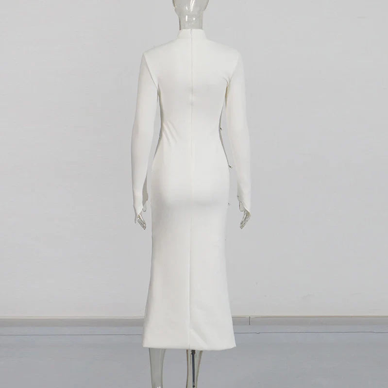 Solid Slimming Spliced Zipper Dress for Women Stand Collar Long Sleeve High Waist Dresses Female Temperament Style