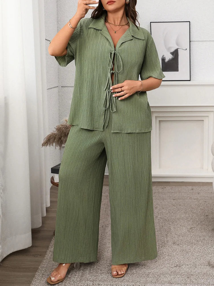GIBSIE Plus Size Spring Summer Women Two Piece Set Loose Lace-up Shirt Top + Wide Leg Pants 2025 Female Casual 2 Piece Outfits