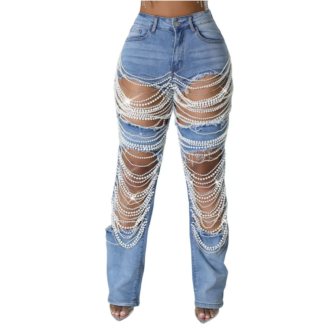 CM.YAYA Women Fashion Pearl Beading Ripped Hollow Out Tassel Wide Leg Jeans 2024 New Summer INS Street Denim Pants Trousers