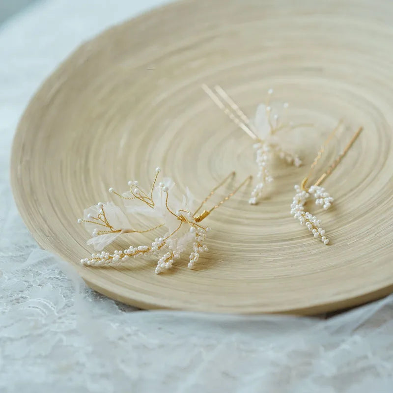Fabric Floral Bridal Hair Pins Clips Gold Color Pearls Wedding Hair Pieces Women Accessories Handmade