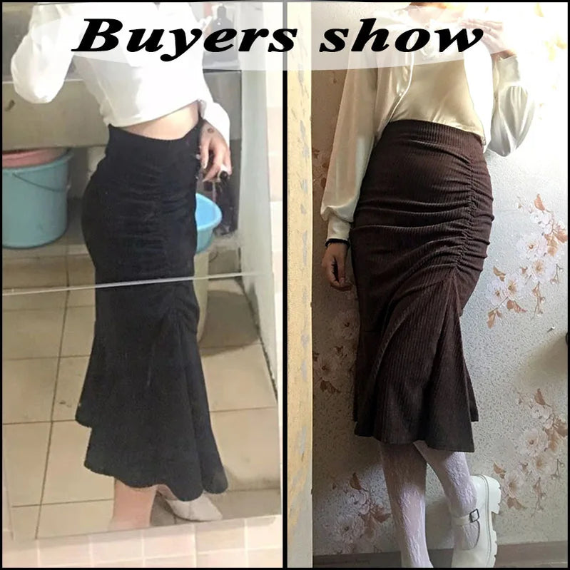 Fashion High Waist Midi Skirts for Women Spring Slim Fit Hip Mermaid Skirt Woman Korean Ruffles Brown Skirts 2XL
