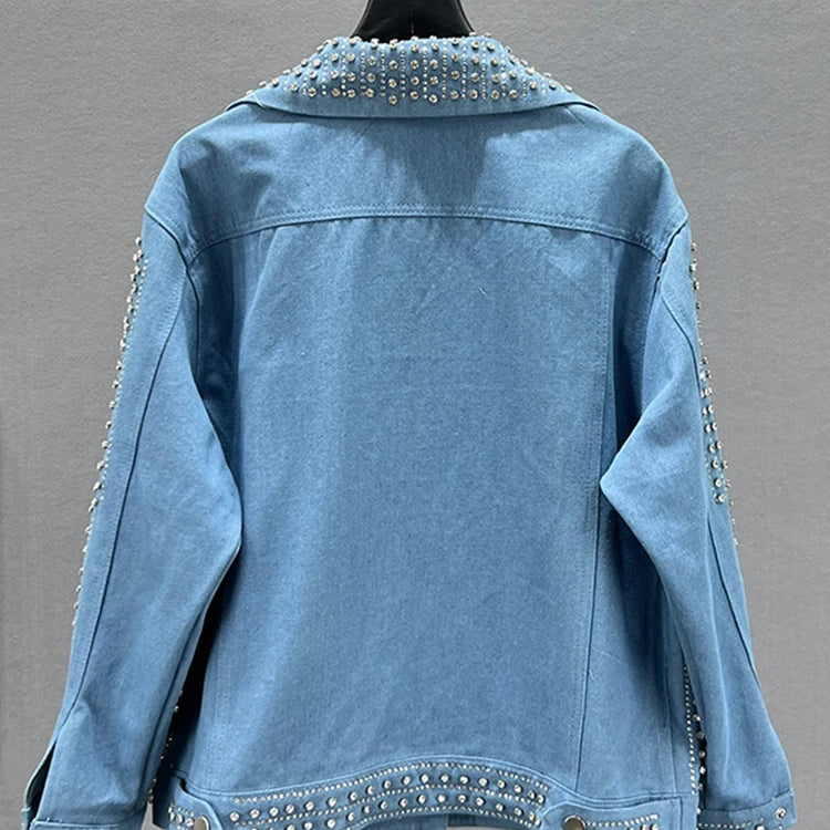 Streetwear Patchwork Rivet Denim Jacket Women Fashion Lapel Long Sleeve Loose Coats Female Outerwear Autumn Trend
