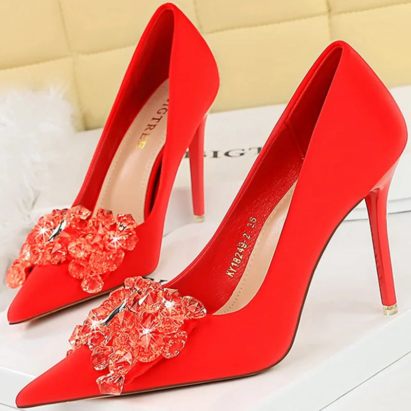 Women 7.5cm 10.5cm High Heels Luxury Pumps Lady Silk Shallow Pointed Toe Rhinestone Crystal Bling Buckle Low Heels Green Shoes Red 10.5cm